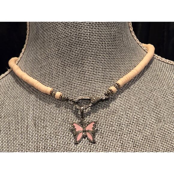 Pink Puka Shell Pave Diamond Sterling Silver Enamel Butterfly Pendant Necklace - Picture 9 of 9